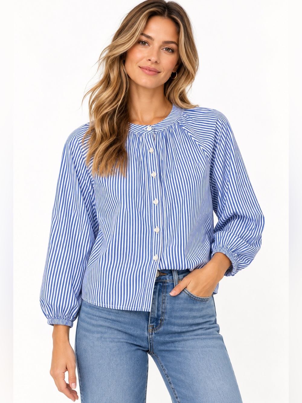 Evereve Gathered Neck Button Front Stripe Button Down